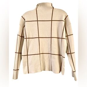 Cynthia Rowley Cream and Brown Checkered Turtleneck Sweater